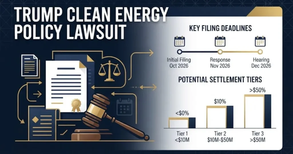 Legal infographic graphic with documents and deadline chart displaying trump clean energy policy lawsuit title in navy and gold