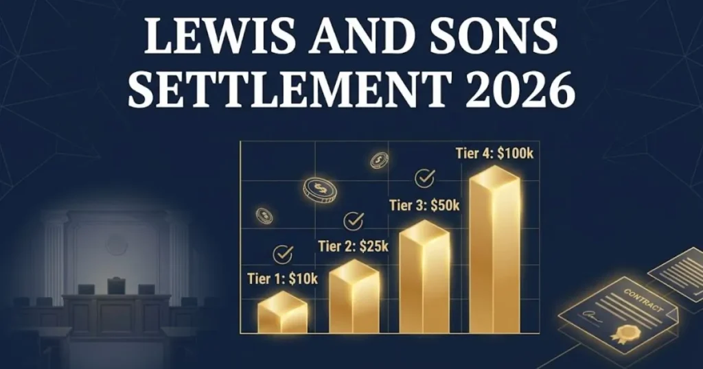 Lewis and Sons trade lawsuit settlement tier chart showing payout ranges for 2026 claimants on navy background.