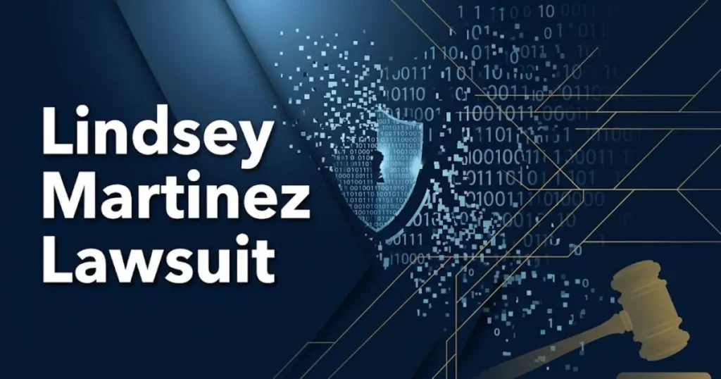 Lindsey Martinez Lawsuit hero banner with data breach visualization and legal symbols on navy background