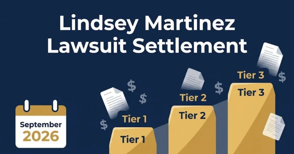 Lindsey Martinez Lawsuit settlement tiers infographic showing payout levels on navy and gold background