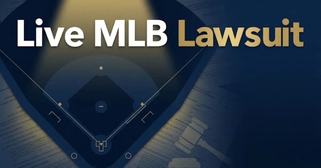 Live MLB lawsuit hero banner with baseball diamond and legal document textures in navy and gold