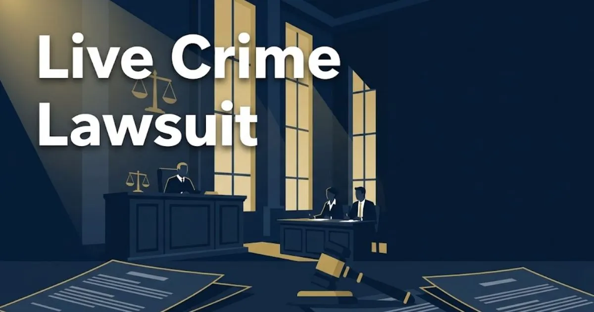 Live crime lawsuit hero banner with courtroom silhouettes in navy and gold editorial design