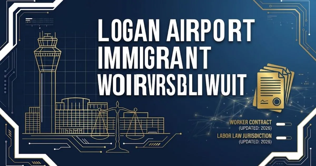 Logan airport immigrant worker lawsuit banner with airport silhouette and legal scales on navy background
