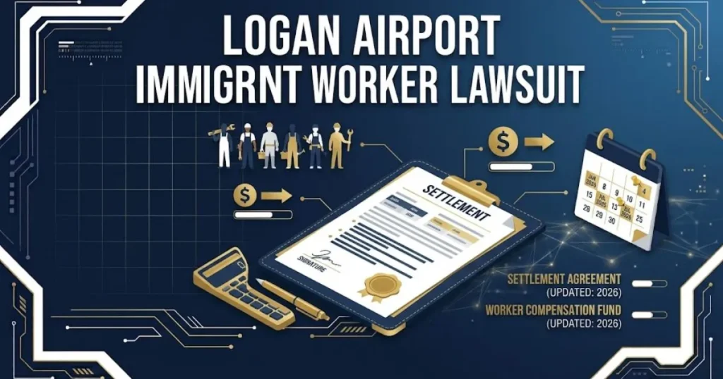 Logan airport immigrant worker lawsuit settlement graphic with document icons and deadline calendar on navy background
