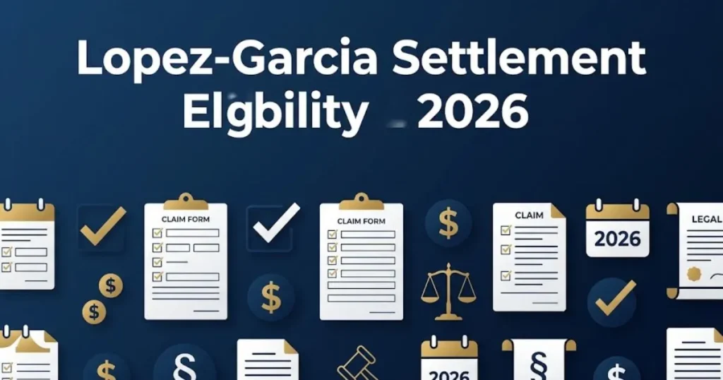Lopez-Garcia settlement eligibility 2026 graphic with claim forms and financial icons in navy and gold