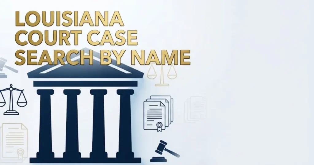 Louisiana court case search by name hero banner with courthouse silhouette and gold legal typography