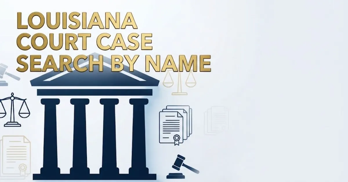 Louisiana court case search by name hero banner with courthouse silhouette and gold legal typography