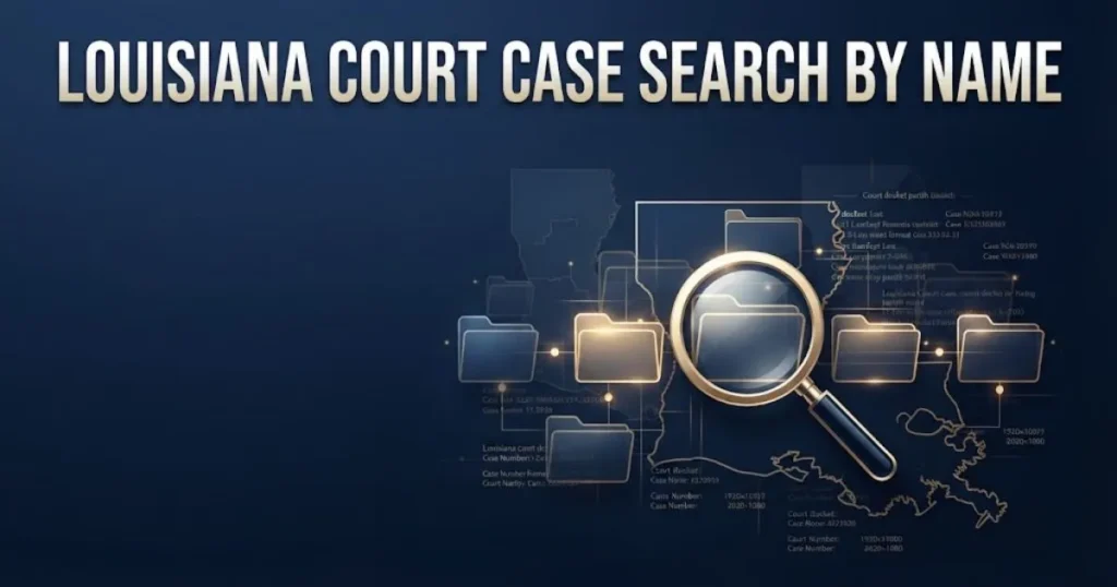 Louisiana court case search by name supporting graphic with digital document search interface and parish map