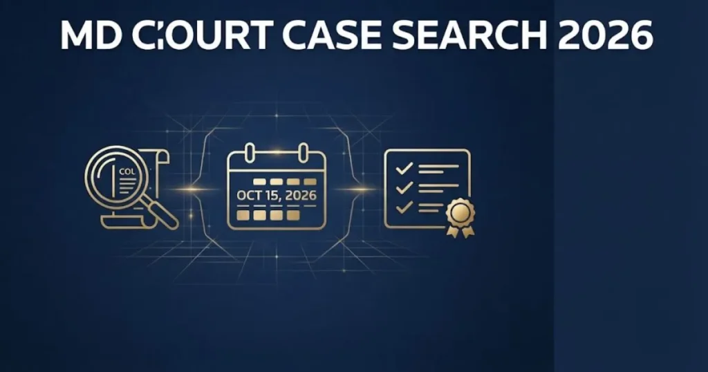 MD Court Case Search 2026 supporting graphic with search interface icons and docket symbols in navy and gold