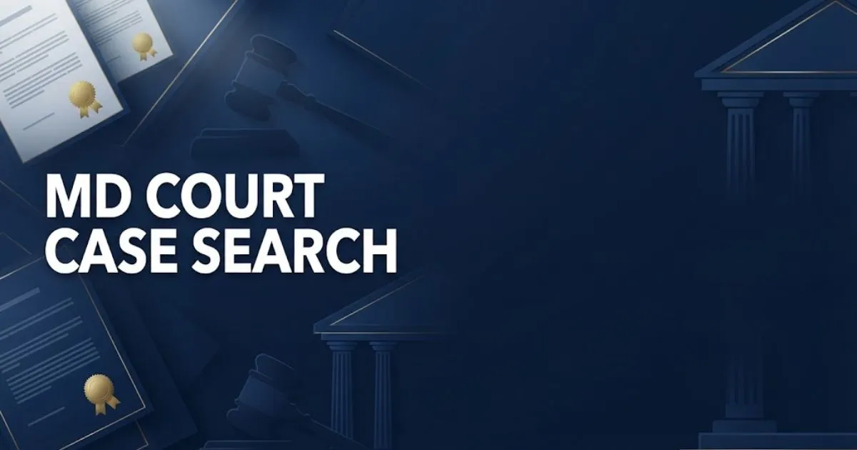 MD Court Case Search hero banner with legal document graphics and courthouse silhouette in navy and gold