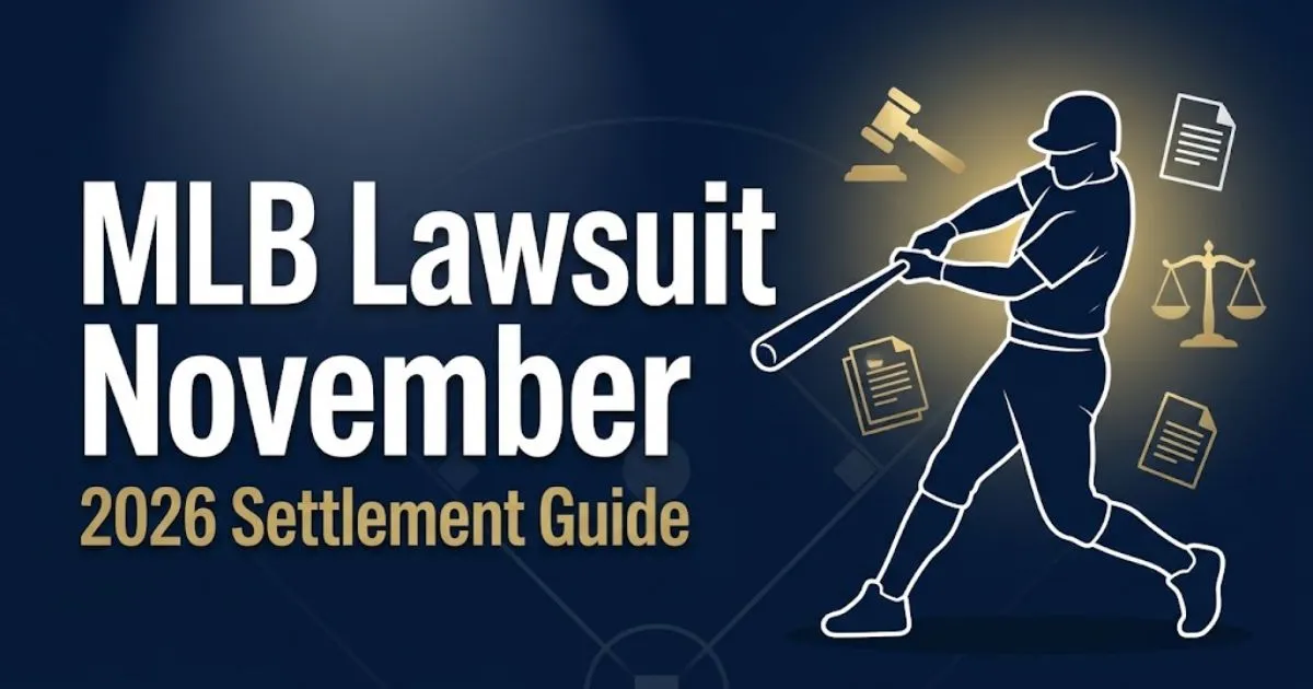 MLB Lawsuit November 2026 settlement guide banner with baseball and legal symbols on navy background