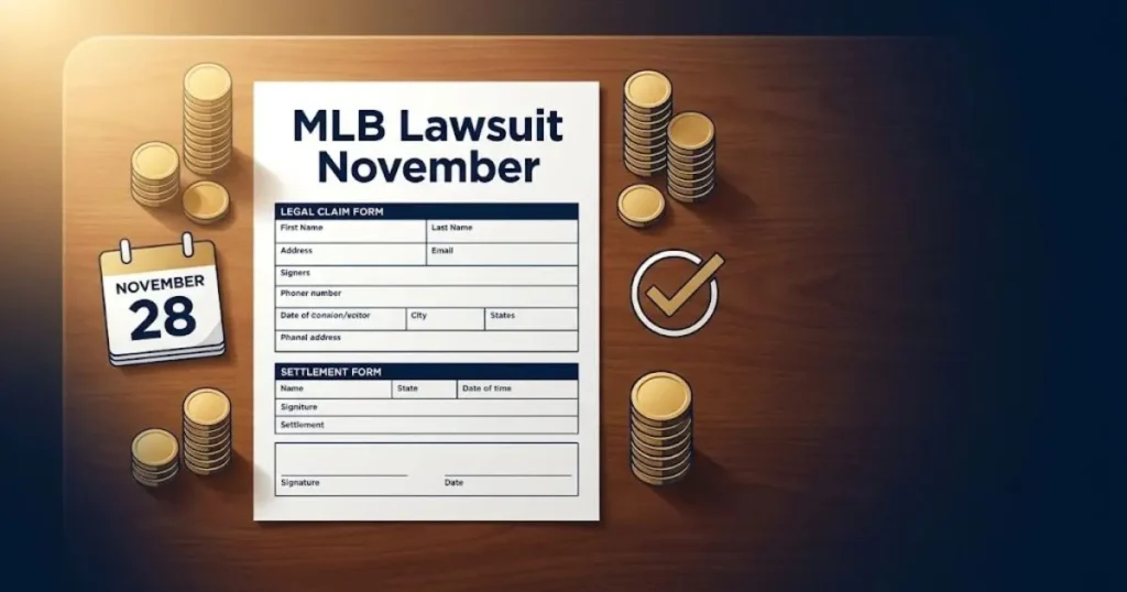 MLB Lawsuit November claim form graphic with settlement calendar and payout icons on desk surface