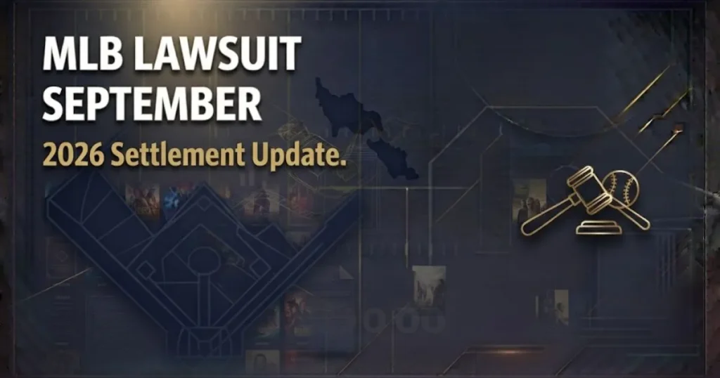 MLB Lawsuit September 2026 hero banner with baseball diamond and gavel icon in navy and gold