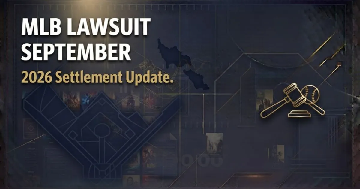 MLB Lawsuit September 2026 hero banner with baseball diamond and gavel icon in navy and gold