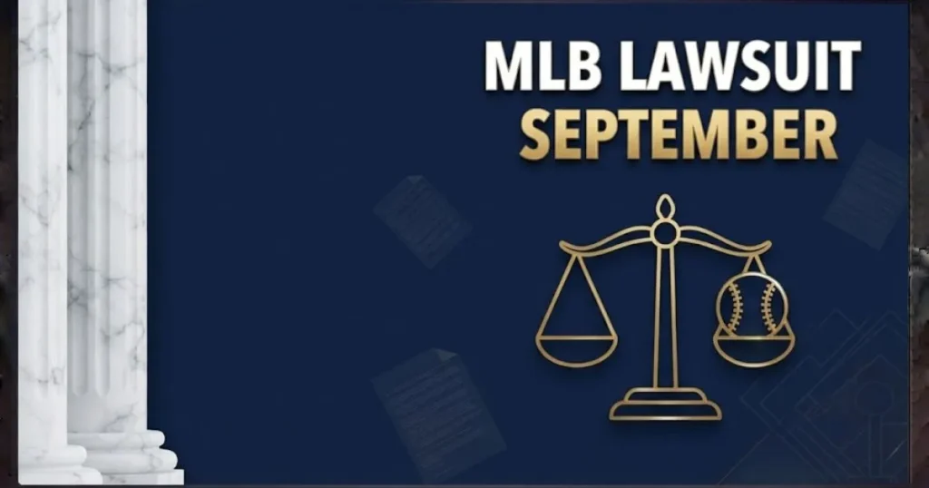 MLB Lawsuit September supporting graphic with scales of justice and baseball in navy and gold