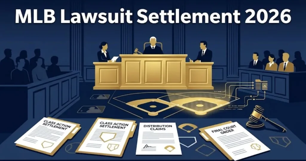 MLB Lawsuit Settlement 2026 graphic with courtroom scene and legal documents
