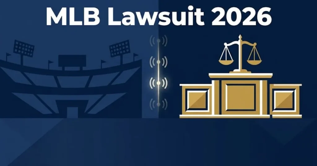 MLB lawsuit 2026 supporting graphic with stadium silhouette and courtroom scales in navy and gold