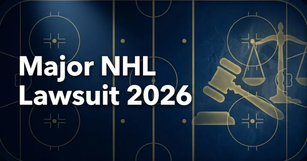 Major NHL lawsuit 2026 hero banner with legal symbols and hockey rink background in navy and gold