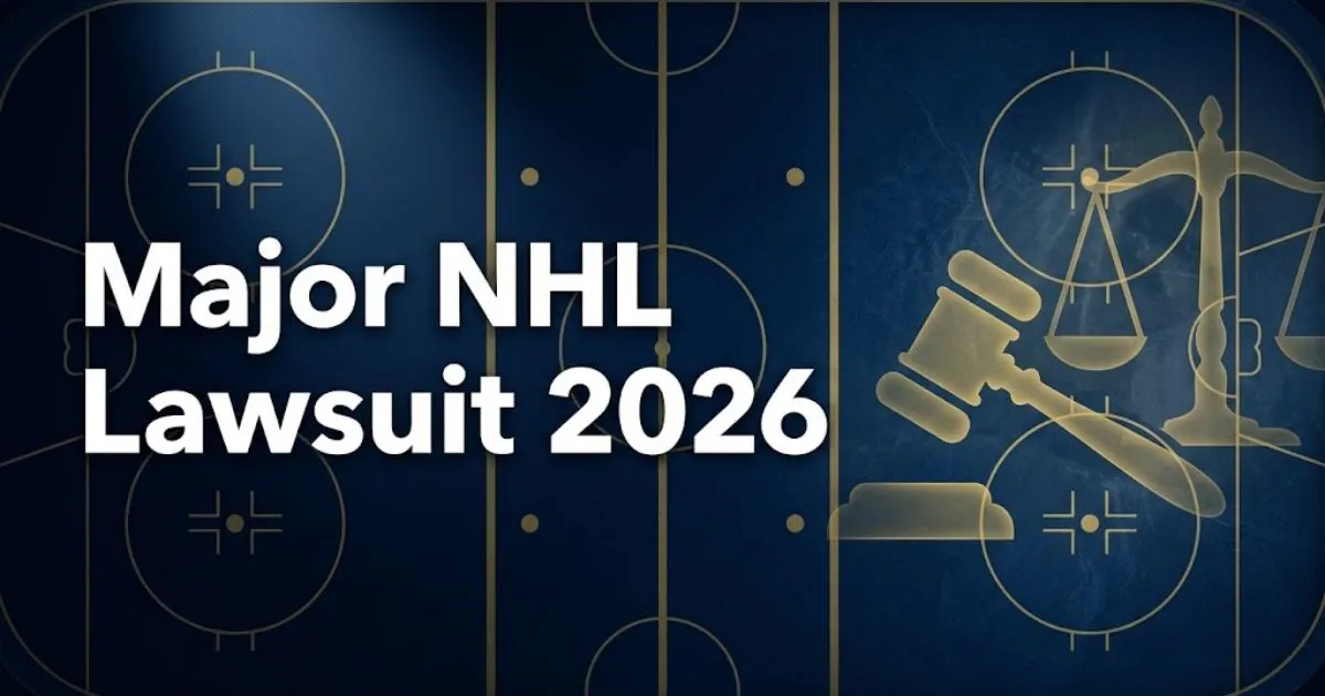 Major NHL lawsuit 2026 hero banner with legal symbols and hockey rink background in navy and gold