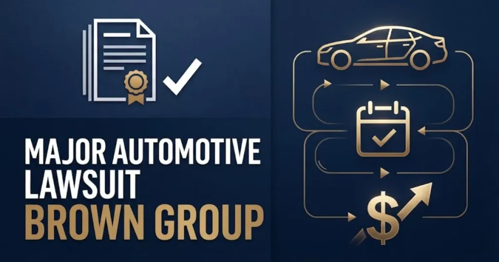 Major automotive lawsuit Brown Group eligibility and settlement graphic with car and document icons