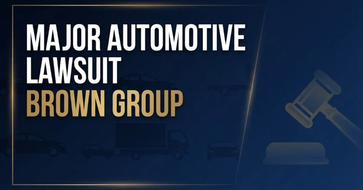 Major automotive lawsuit Brown Group hero banner with legal theme and vehicle silhouettes on navy background