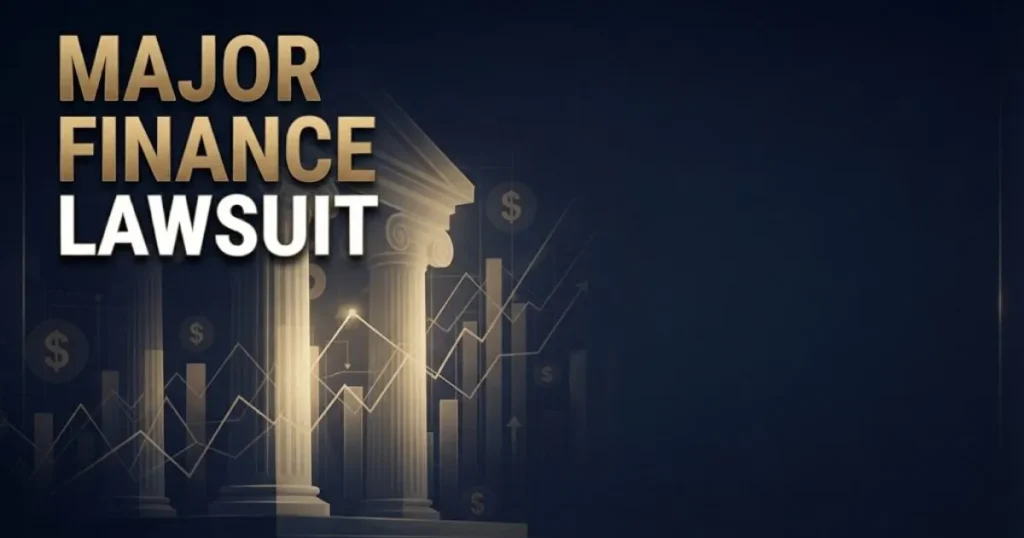 Major finance lawsuit hero banner with navy and gold legal theme showing courthouse and financial graphics
