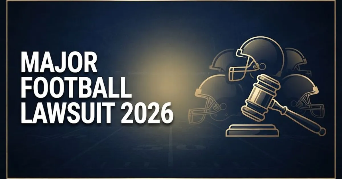 Major football lawsuit 2026 hero banner with football helmet silhouettes and legal gavel on navy background