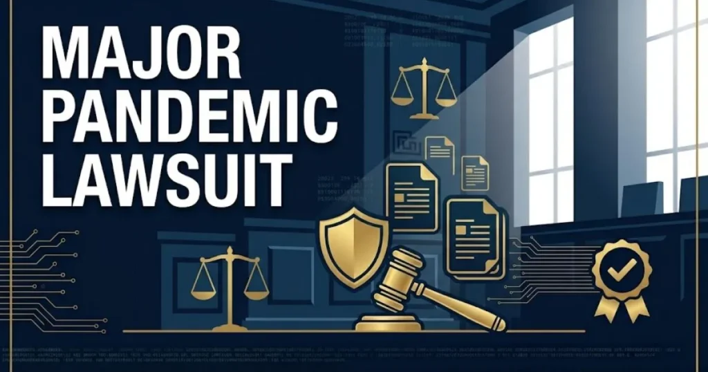 Major pandemic lawsuit hero banner with golden scales of justice and navy courtroom background