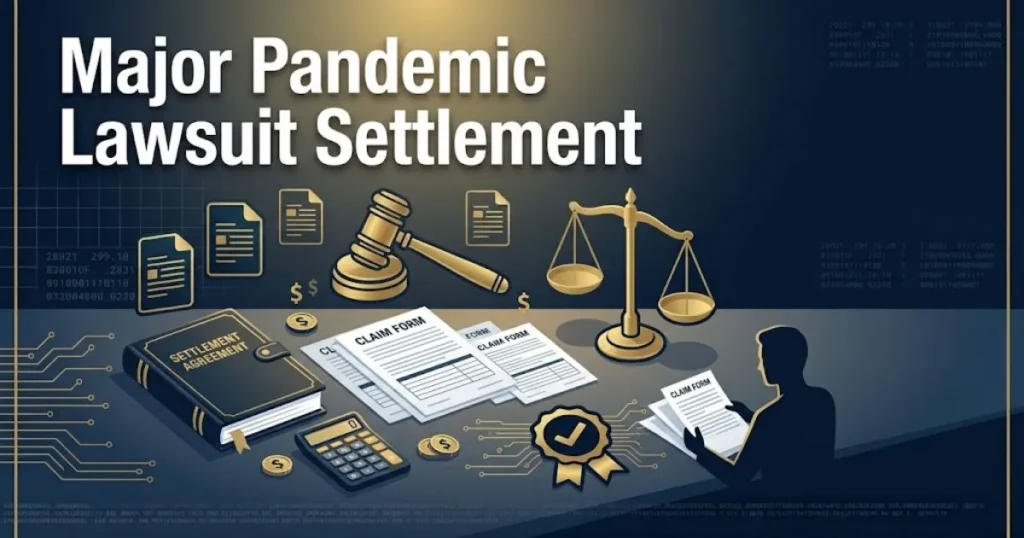 Major pandemic lawsuit settlement graphic with claim documents and compensation icons on navy background