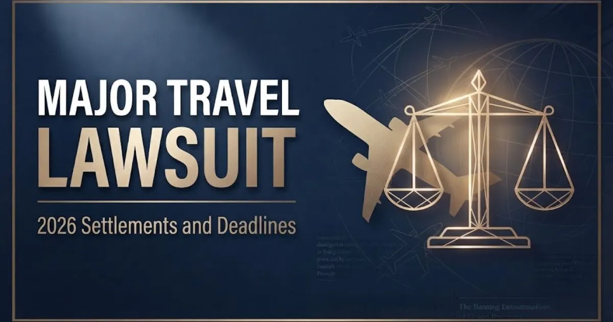 Major travel lawsuit 2026 hero banner with legal scales and airplane silhouette on navy background