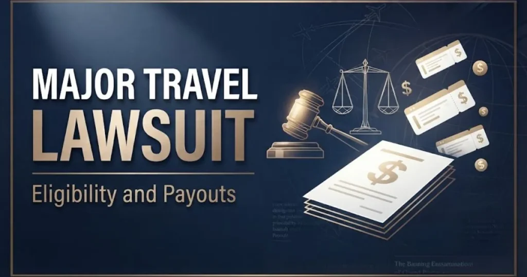 Major travel lawsuit eligibility and payouts graphic with legal documents and boarding pass icons