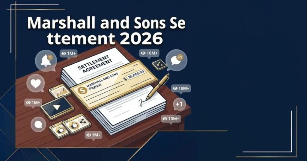 Marshall and Sons settlement 2026 graphic with legal documents and check icon in navy and gold