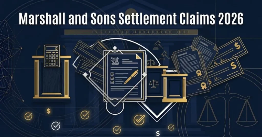Marshall and Sons settlement claims 2026 graphic with legal documents and filing icons in navy and gold