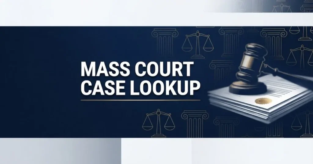 Mass court case lookup hero banner with navy blue background, gold scales of justice, and white headline text
