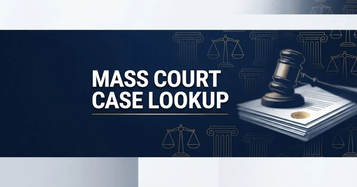 Mass court case lookup hero banner with navy blue background, gold scales of justice, and white headline text