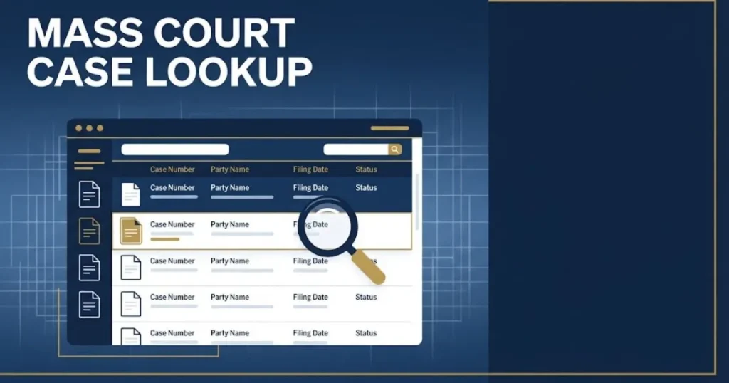 Mass court case lookup supporting graphic showing digital court docket search interface with navy and gold design