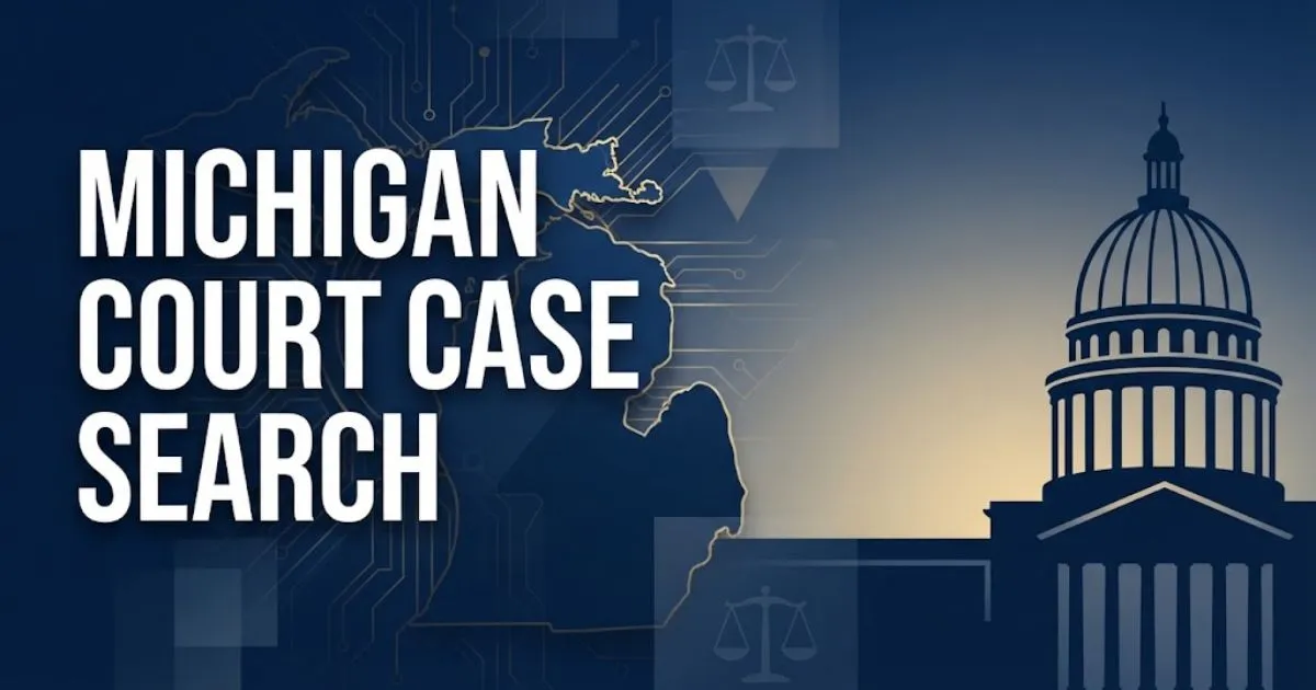 Michigan court case search hero banner with courthouse silhouette and state outline in navy and gold
