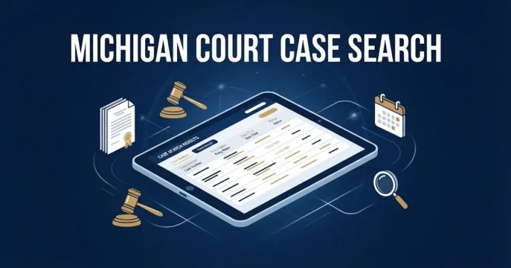 Michigan court case search supporting graphic with digital tablet and legal icons in navy and gold