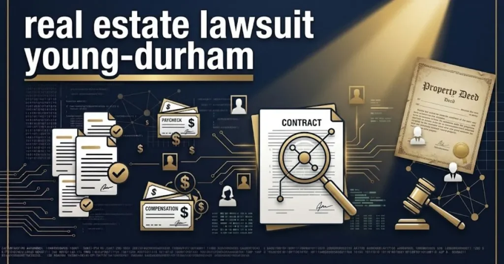 Mid-article graphic showing real estate lawsuit young-durham text with legal documents and settlement icons on navy background