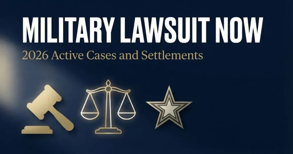 Military lawsuit now banner showing gavel and justice scales with 2026 settlement information on navy background