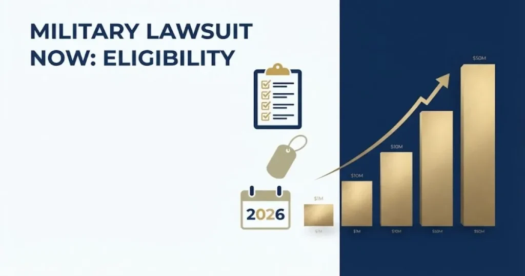 Military lawsuit now eligibility graphic with checklist clipboard and 2026 calendar on navy and white background