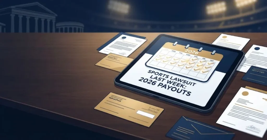 Modern desk visual highlighting sports lawsuit last week text on a tablet with 2026 refund envelopes.