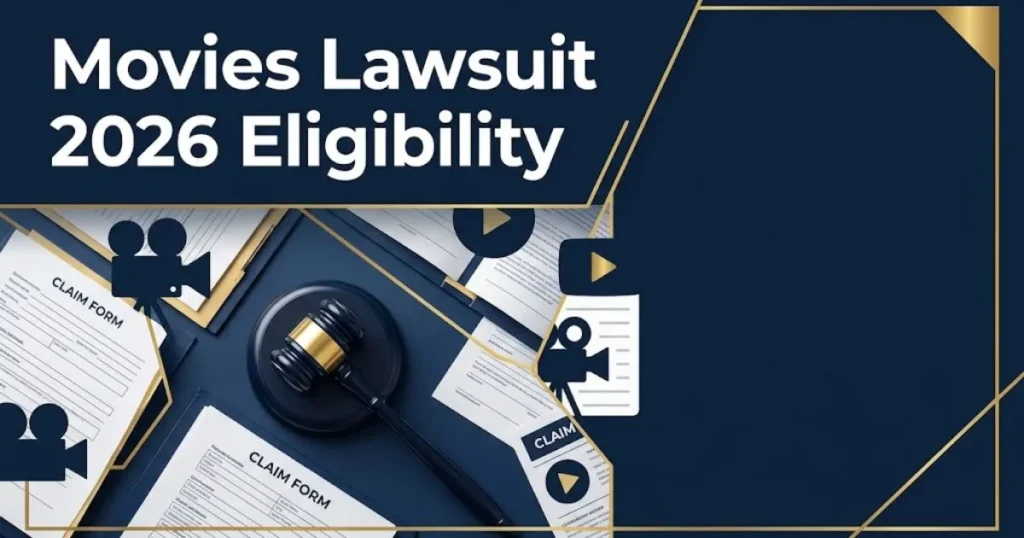 Movies lawsuit 2026 eligibility graphic with legal documents, claim forms, gavel, and film icons on navy desk background.