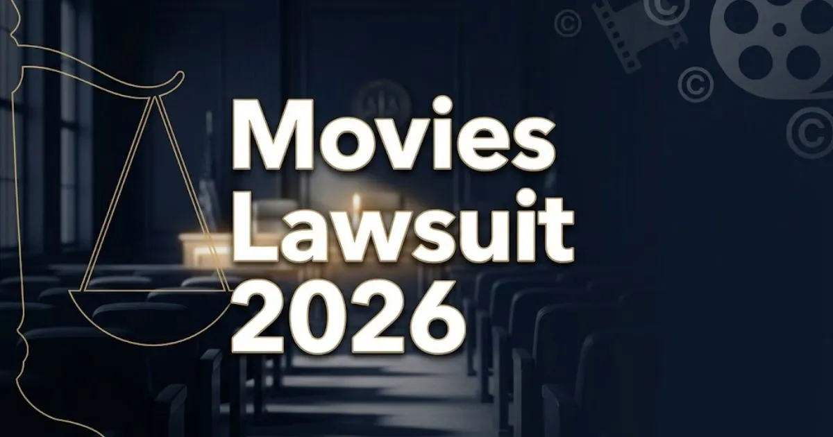 Movies lawsuit 2026 hero banner with courtroom background, golden scales of justice, and film reel icons on dark navy backdrop.