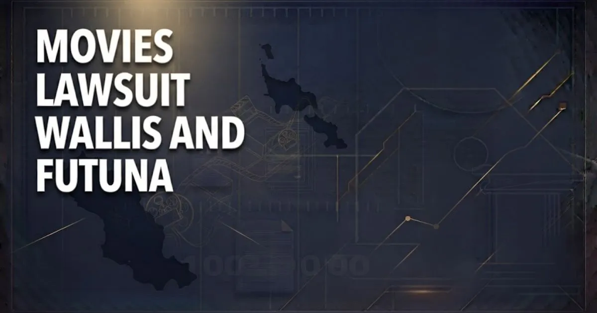 Movies lawsuit Wallis and Futuna hero banner with Pacific island silhouette and digital streaming icons in navy and gold