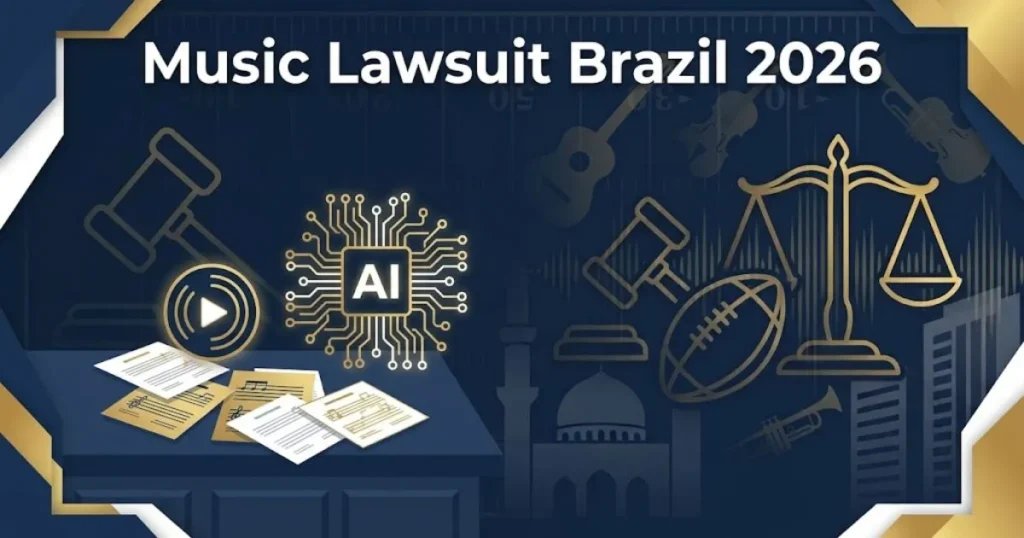 Music lawsuit Brazil 2026 supporting graphic with courtroom and streaming icons in navy