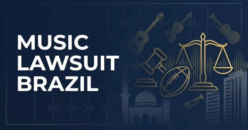 Music lawsuit Brazil hero banner with legal scales and sound waves in navy and gold