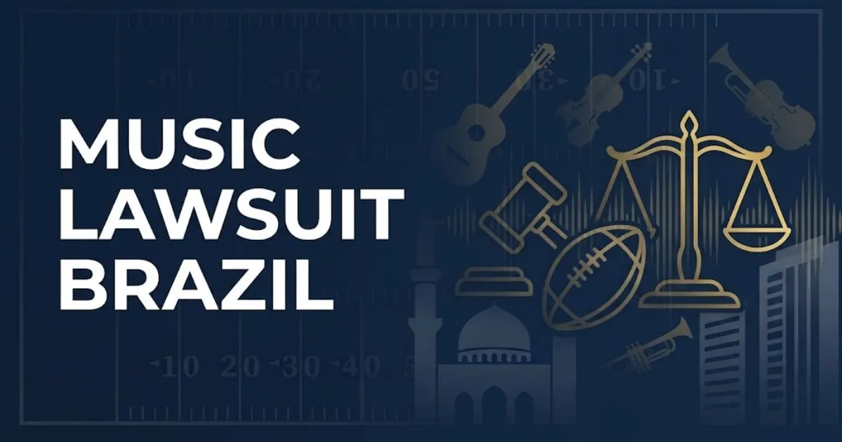 Music lawsuit Brazil hero banner with legal scales and sound waves in navy and gold