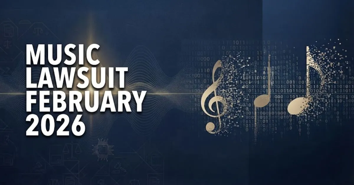 Music lawsuit February 2026 hero banner with sound waves turning into digital code in navy and gold