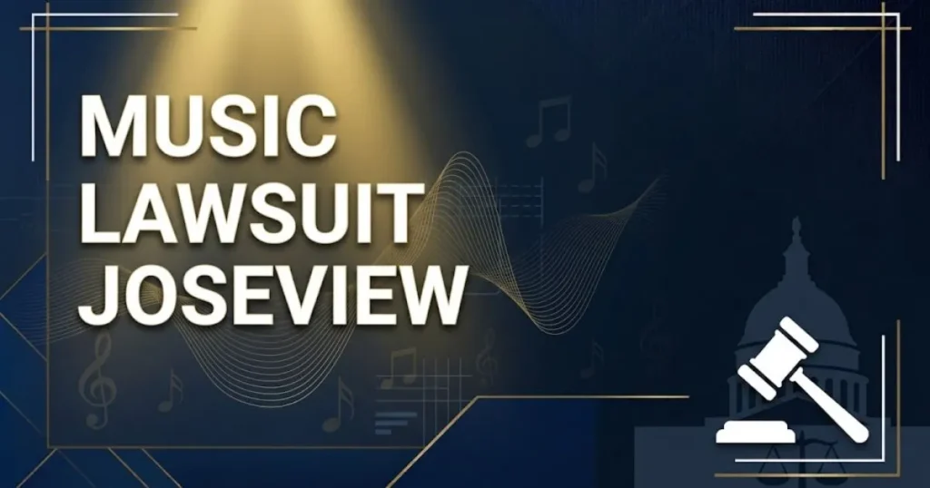 Music lawsuit Joseview 2026 hero banner with gavel and soundwave icons on navy gold background.
